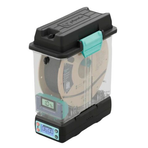 Polymaker PolyDryer — a heated Dry Dock base with stackable sealed filament storage boxes, one holding a spool feeding out