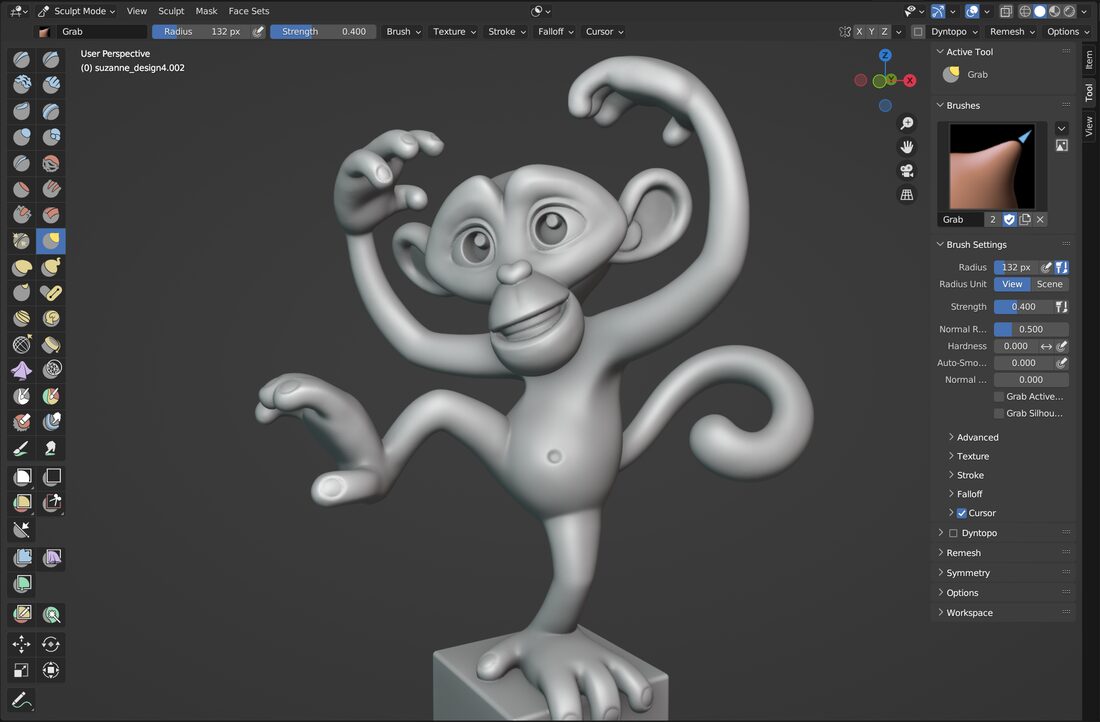 A toy-style cartoon monkey figure in Blender's sculpt workspace, the whole character visible, sculpting tools along both sides