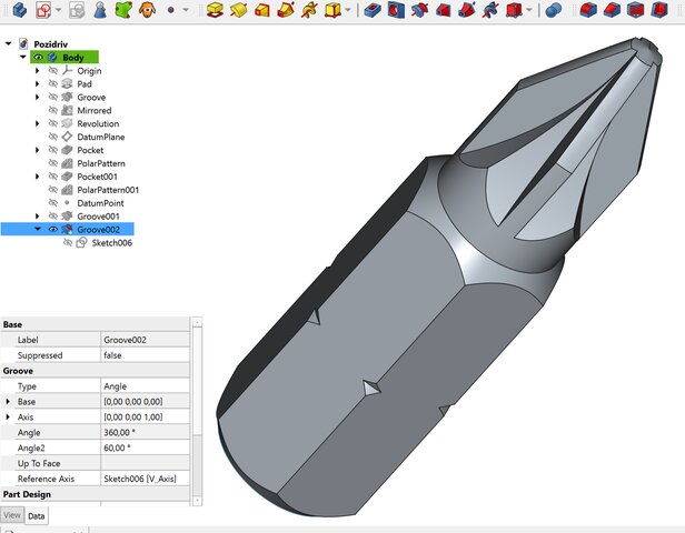 The whole screwdriver bit modeled in FreeCAD, tip to end, with its exact angles and measurements listed in the side panel