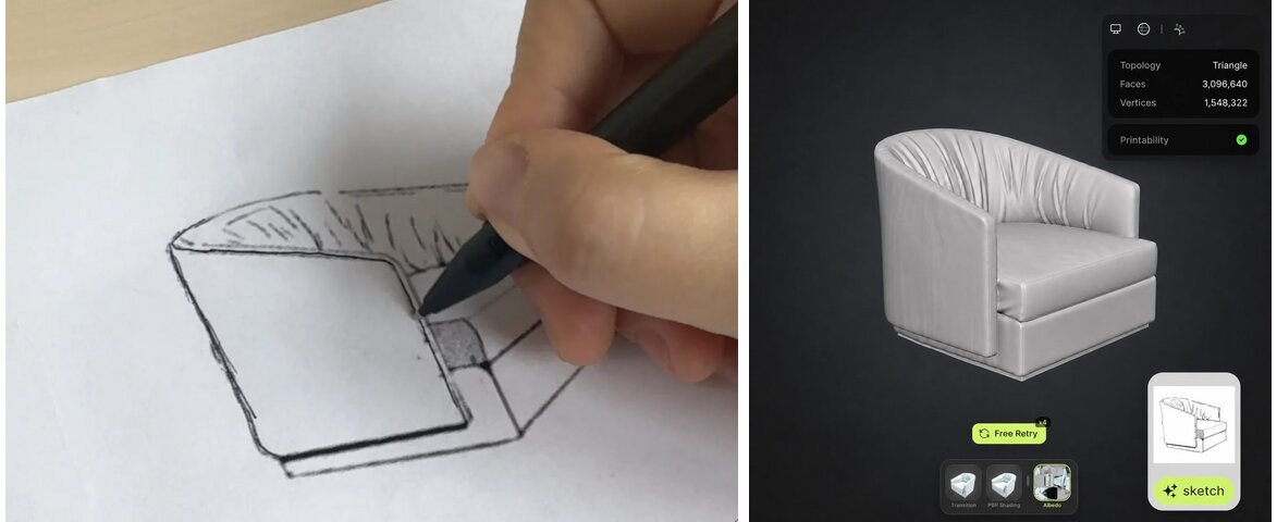 Left: a hand drawing a chair sketch in pencil. Right: the complete 3D model Meshy generated from that sketch, with its print-readiness check marked green