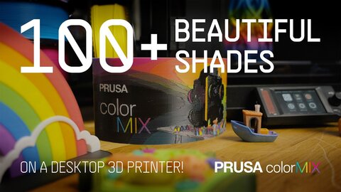 Video: color-blended prints — a rainbow model and a printed boat beside the ColorMix spool and the printer's screen